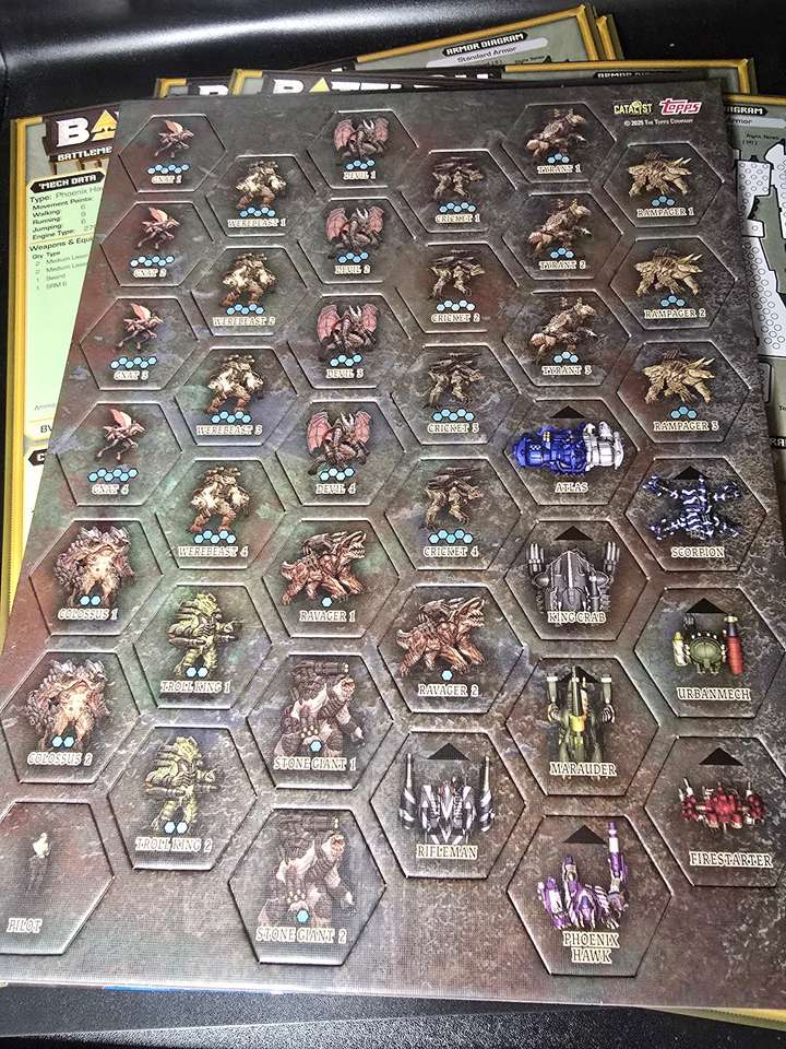 A sheet of punch-out cardboard hexes with BattleMechs and Abominations