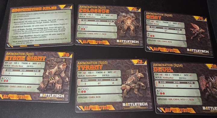 Five of the BattleTech Gothic Abomination Alpha Strike cards, including an extra rules card