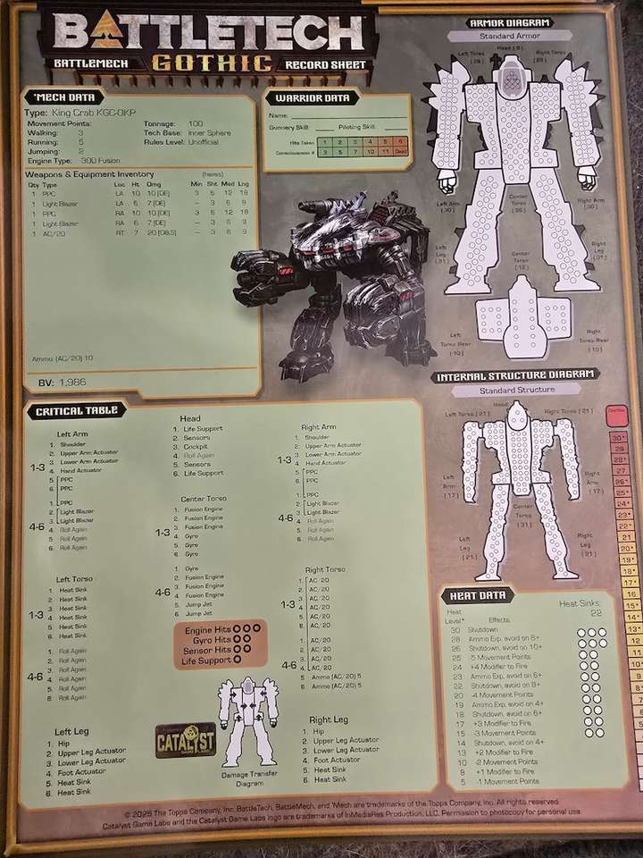 A record sheet for a KGC-0KP King Crab